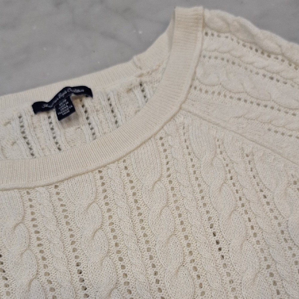 American Eagle Outfitters Ivory Cable Knit Sweater Sz‎ XS Mesh Wide Neck Preppy